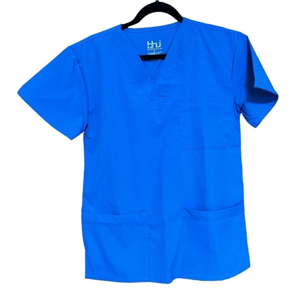 BHU Beverly Hills Uniforms Men’s Azure Blue Scrub Top Polyester/Spandex Size S